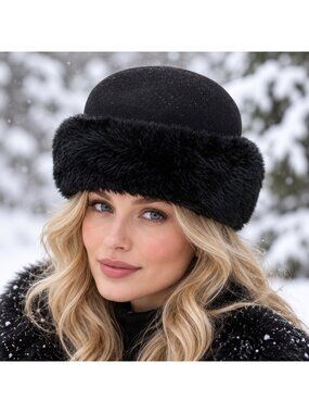 Vintage 60s Black Wool & Faux Fur Cossack Hat